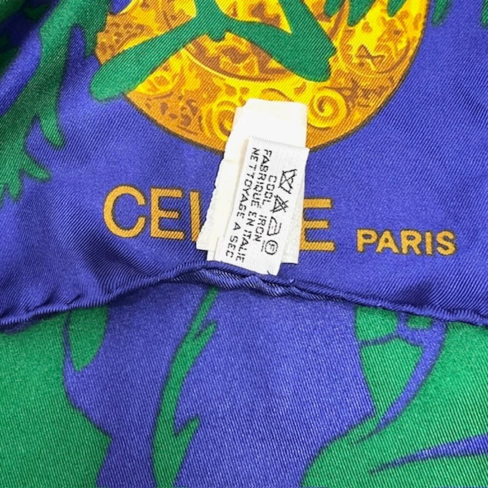Vgt  Celine Paris 100% Silk Scarf Satin 34"  Green Blue Purple Floral Gold   (38 - Picture 8 of 16